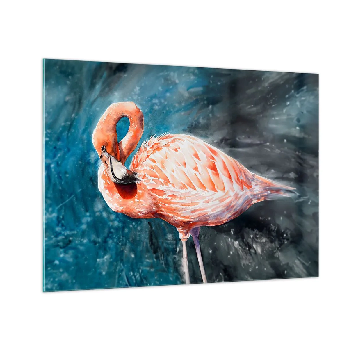 Obraz na skle - Ružový plameniak na modrom akvarelovom pozadí - 70x50cm - Dekoratívne od prírody - Moderná nástenná dekorácia do obývacej izby a spálne ARTTOR