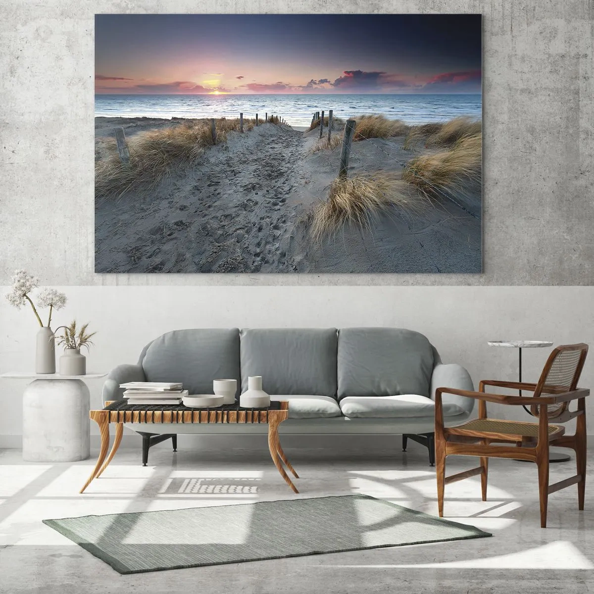 Obraz na skle - Cesta cez duny vedúca k moru pri západe slnka - 70x50cm - Šiel by som s tebou na kraj světa… - Moderná nástenná dekorácia do obývacej izby a spálne ARTTOR