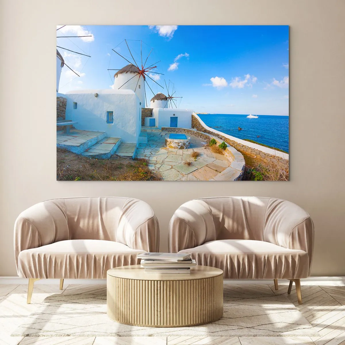 Obraz na skle - Veterné mlyny na pobreží Egejského mora - 70x50cm - Modrý vietor od mora - Moderná nástenná dekorácia do obývacej izby a spálne ARTTOR