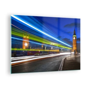 Obraz na skle - Big Ben v noci s rozmazanými svetlami auta - 70x50cm - Pod dohľadom Big Bena - Moderná nástenná dekorácia do obývacej izby a spálne ARTTOR