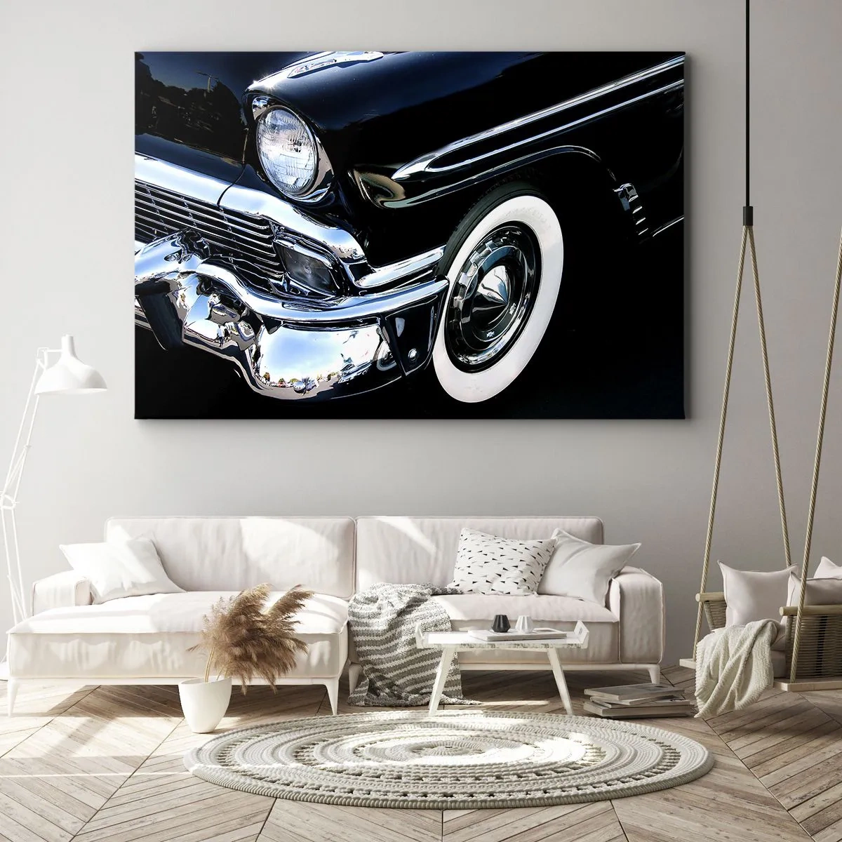 Obraz na plátne - Detailný záber svetlometu a blatníka čierneho klasického auta - 70x50cm - Klasika v striebornej, čiernej a bielej - Moderná nástenná dekorácia do obývacej izby a spálne ARTTOR