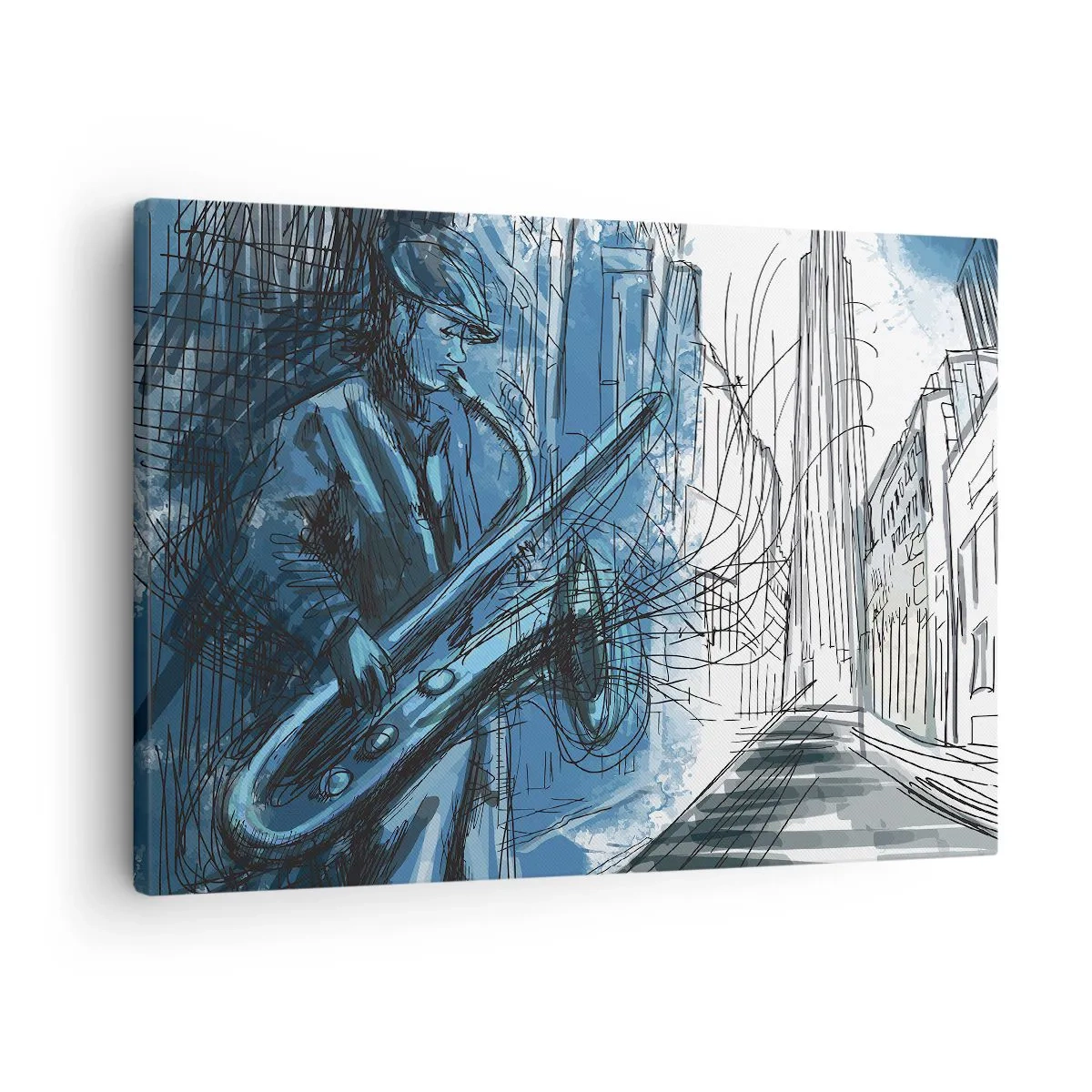 Obraz na plátne - Postava hrajúca na saxofón na pozadí mesta - 70x50cm - Mestská rapsódia - Moderná nástenná dekorácia do obývacej izby a spálne ARTTOR
