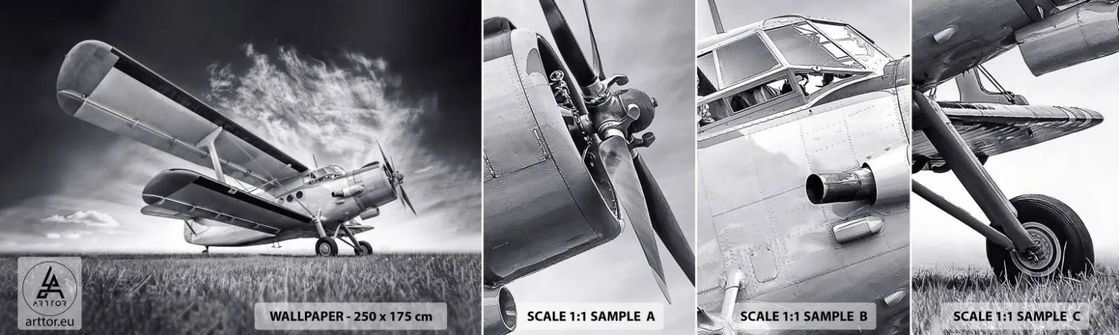 Vzorka samolepiacej fototapety Deluxe Sticker - Okrídlený pútnik - Lietadlo, Lietadlá, Čierna a biela - 100x30 cm