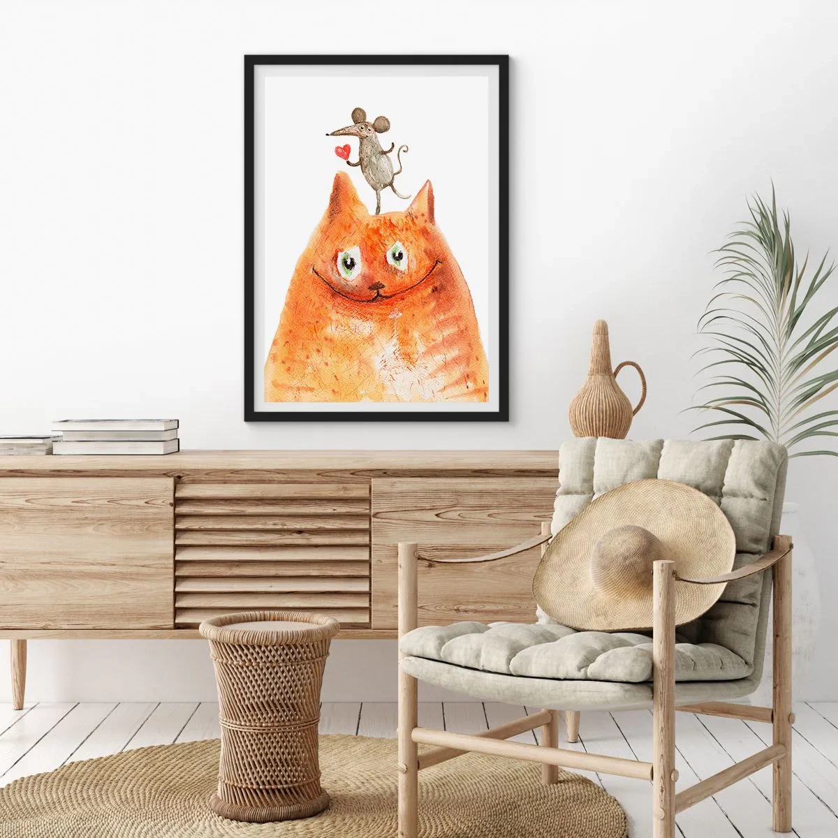 Plagát v čiernom ráme - Mačka s myšou držiacou srdce na hlave - 50x70cm - Paradoxy lásky - Moderná nástenná dekorácia do obývacej izby a spálne ARTTOR