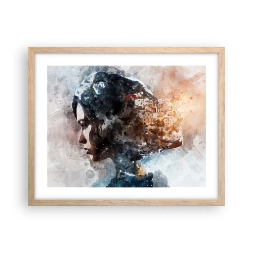 Plagát v ráme zo svetlého duba - Príbeh o dievčati s mestom v pozadí - 50x40 cm
