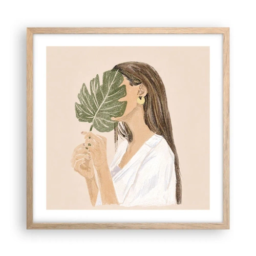 Plagát v ráme zo svetlého duba - Tajomný portrét s vejárom - 50x50 cm
