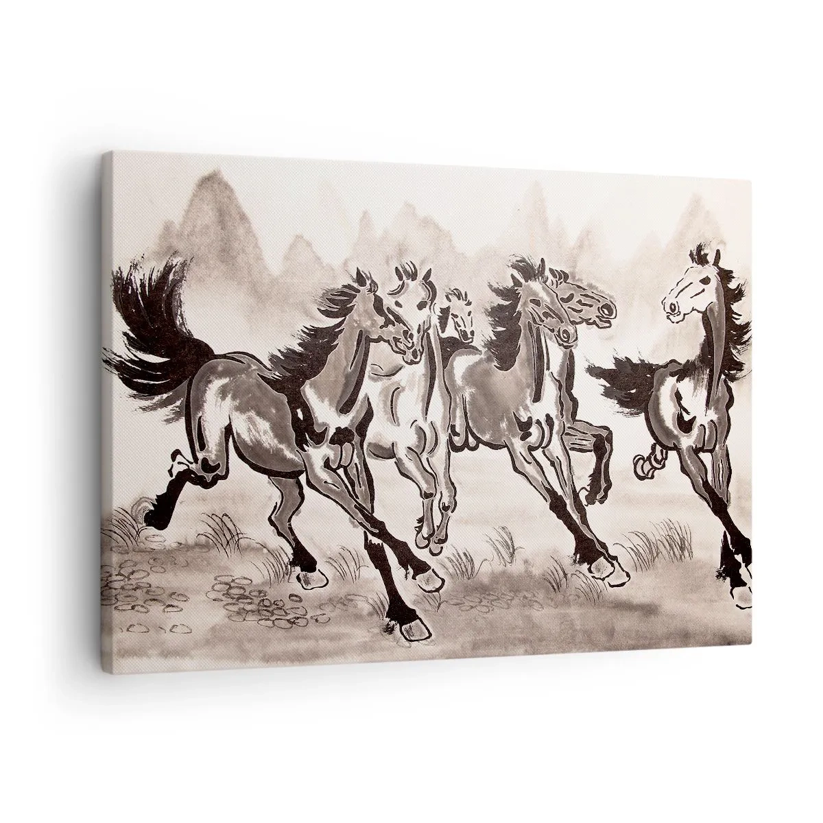 Obraz na plátne - Dynamická grafika cválajúcich koní v orientálnom štýle - 70x50cm - V radostnom cvale - Moderná nástenná dekorácia do obývacej izby a spálne ARTTOR
