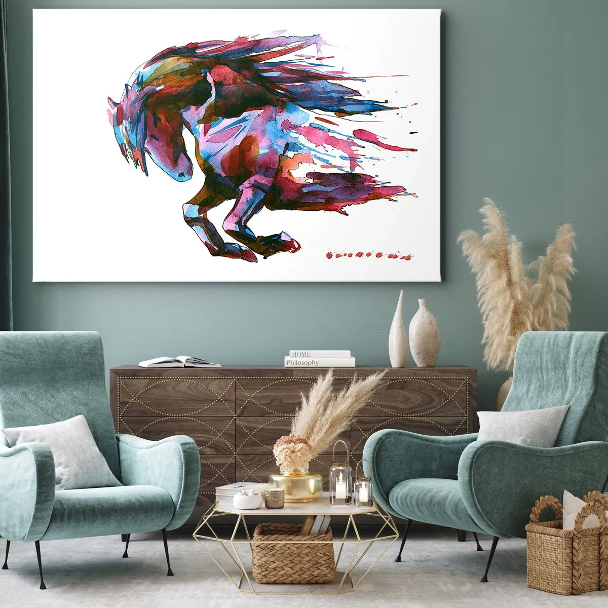 Obraz na plátne - Kôň v dynamických abstraktných farbách symbolizujúci slobodu - 70x50cm - Nadšenie - Moderná nástenná dekorácia do obývacej izby a spálne ARTTOR