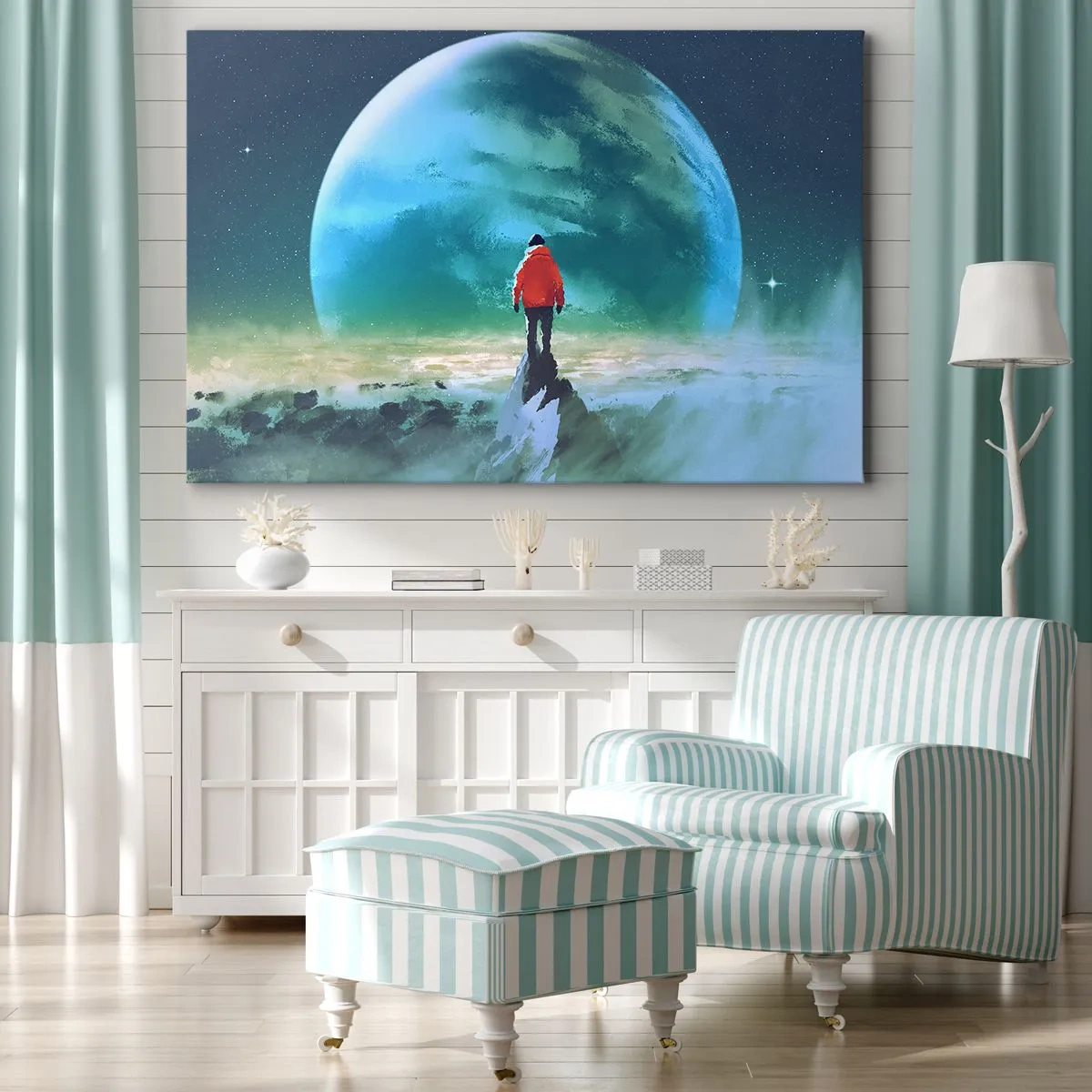 Obraz na plátne - Muž v červenej bunde stojaci pred veľkou planétou s hviezdami v pozadí. - 70x50cm - Objaviteľ novej krajiny - Moderná nástenná dekorácia do obývacej izby a spálne ARTTOR
