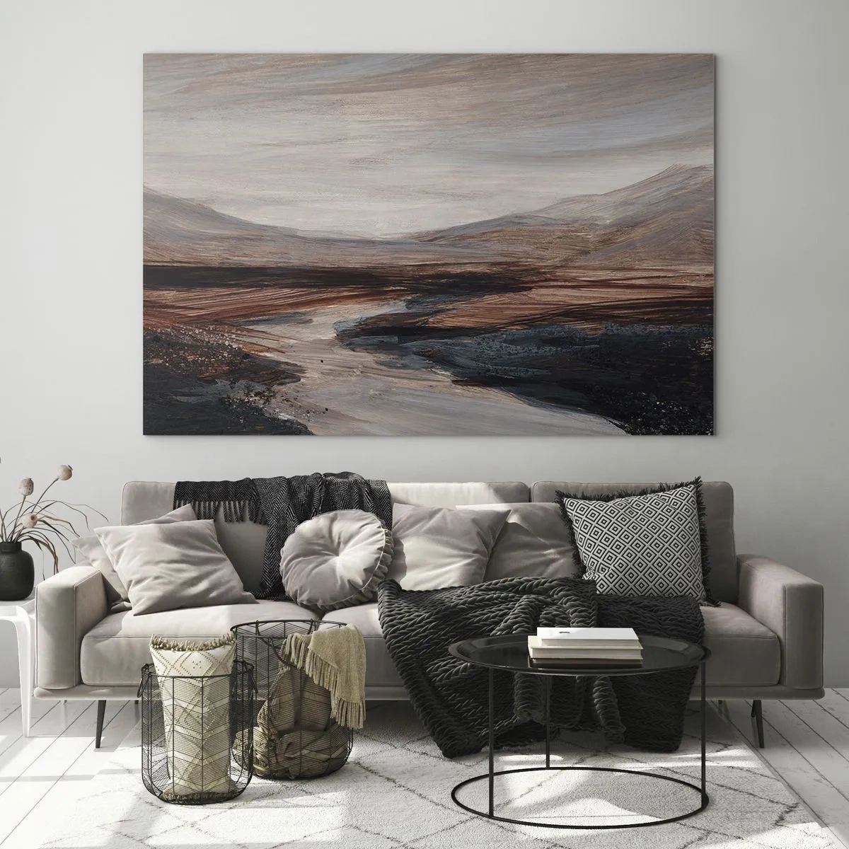 Obraz na skle - Malebné údolie s riekou v odtieňoch hnedej a modrej - 70x50cm -  Pokojné údolie - Moderná nástenná dekorácia do obývacej izby a spálne ARTTOR