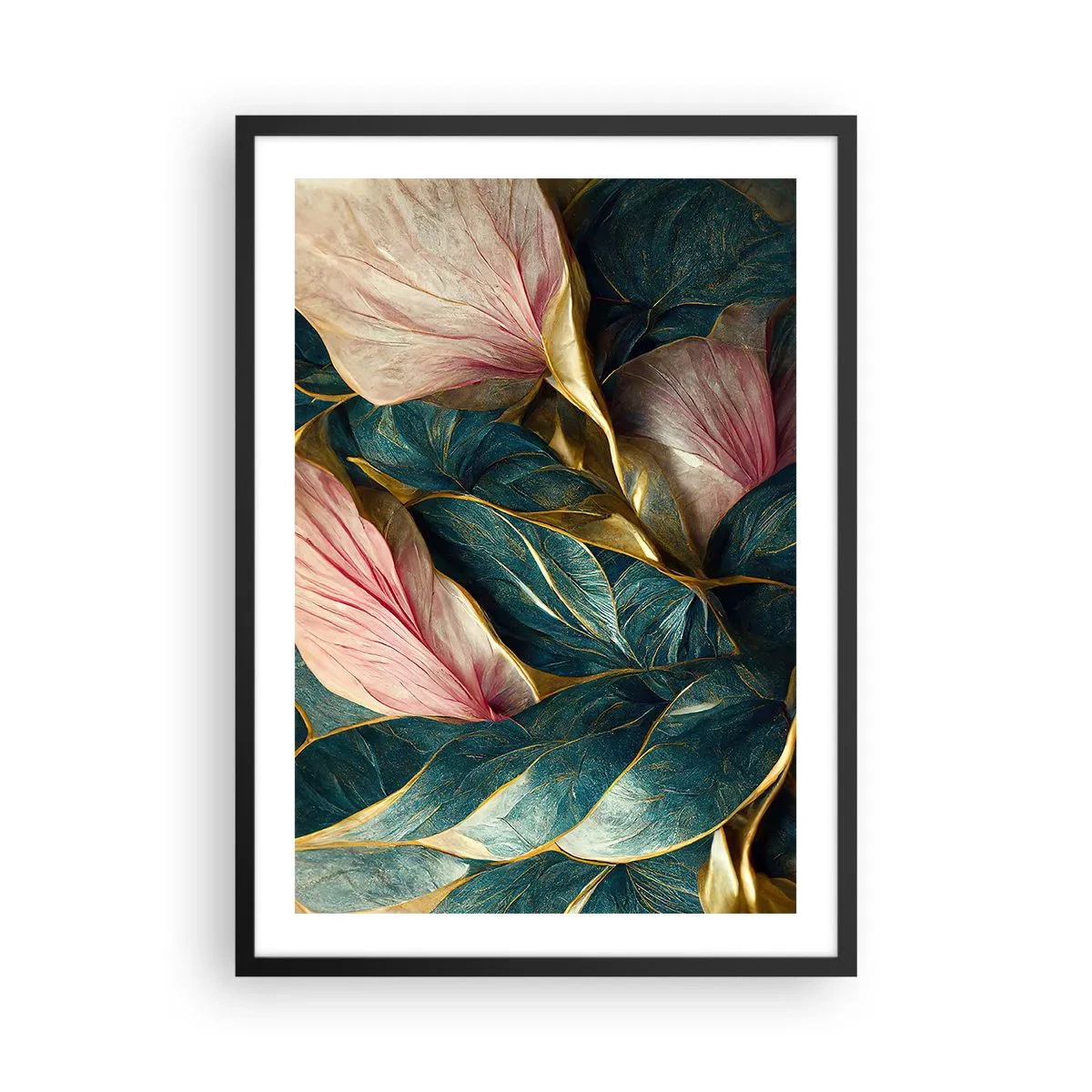 Plagát v čiernom ráme - Elegantná kompozícia listov v odtieňoch zelenej, zlatej a ružovej - 50x70cm - Prirodzená elegancia a štýl - Moderná nástenná dekorácia do obývacej izby a spálne ARTTOR