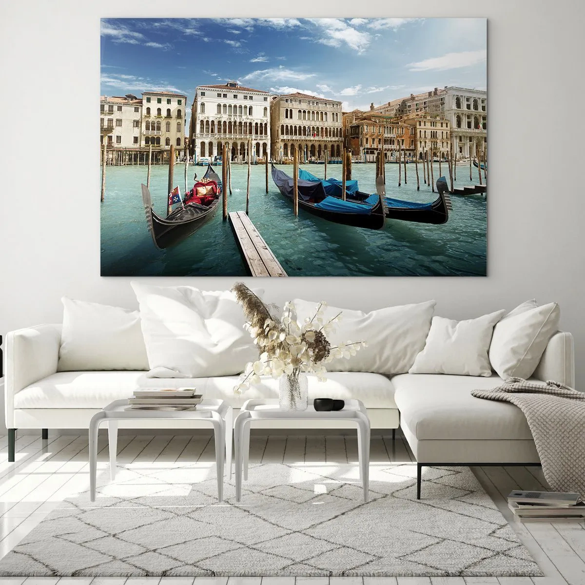 Obraz na skle - Gondoly na kanáli v Benátkach za slnečného dňa - 70x50cm - Paláce v modrej - Moderná nástenná dekorácia do obývacej izby a spálne ARTTOR