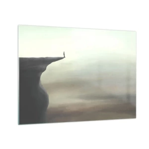 Obraz na skle - Silueta osoby stojacej na okraji útesu nad hmlou - 70x50cm - Hore, samozrejme! - Moderná nástenná dekorácia do obývacej izby a spálne ARTTOR