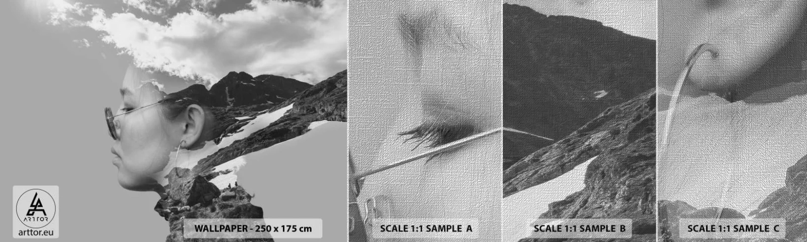 Vzorka fototapety Premium Canvas - Povznešený portrét v oblakoch - Abstrakcia, Hlava ženy, Fantázia - 100x30 cm