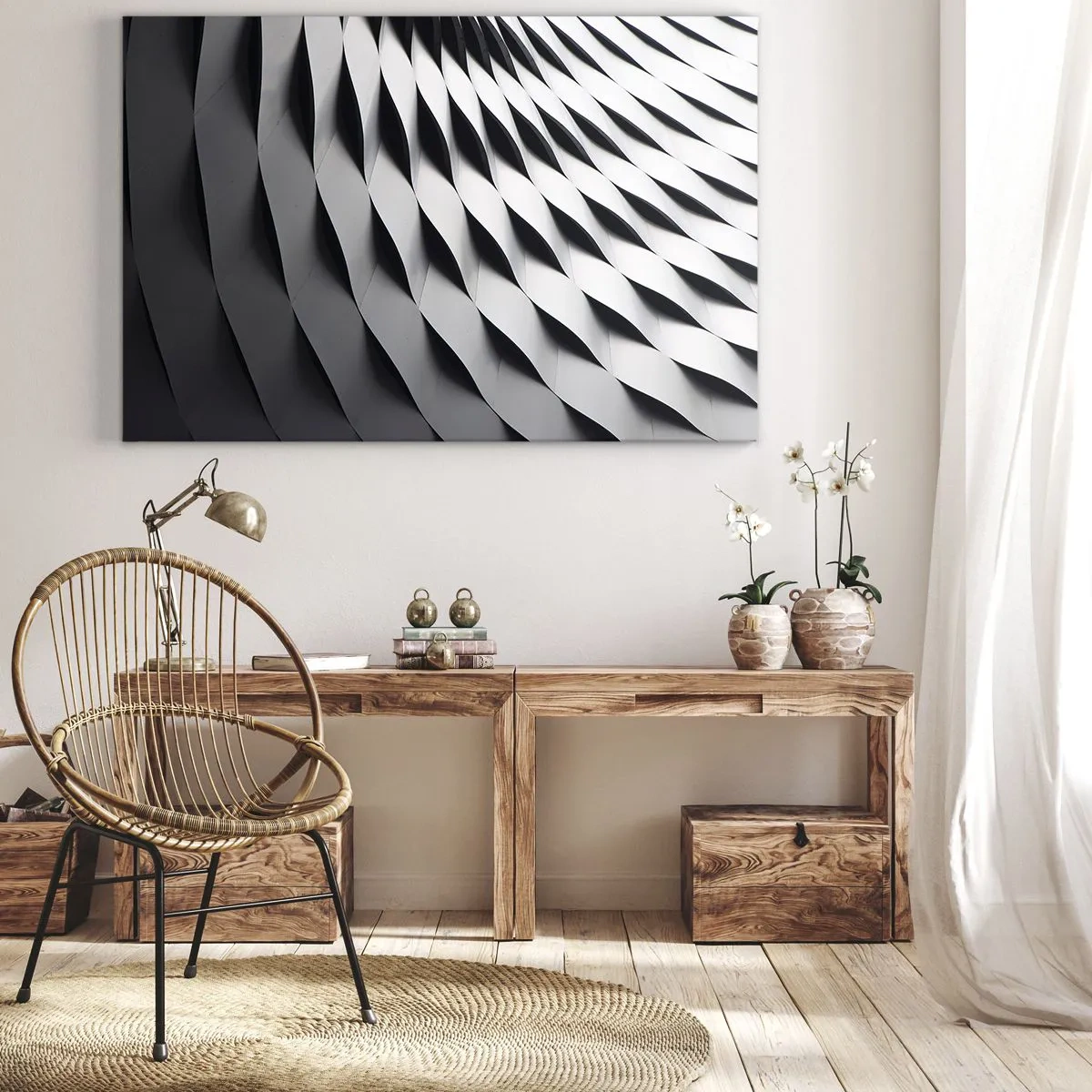 Obraz na plátne - Abstraktný geometrický vzor v odtieňoch čiernej a bielej - 70x50cm - Na hladine vĺn - Moderná nástenná dekorácia do obývacej izby a spálne ARTTOR