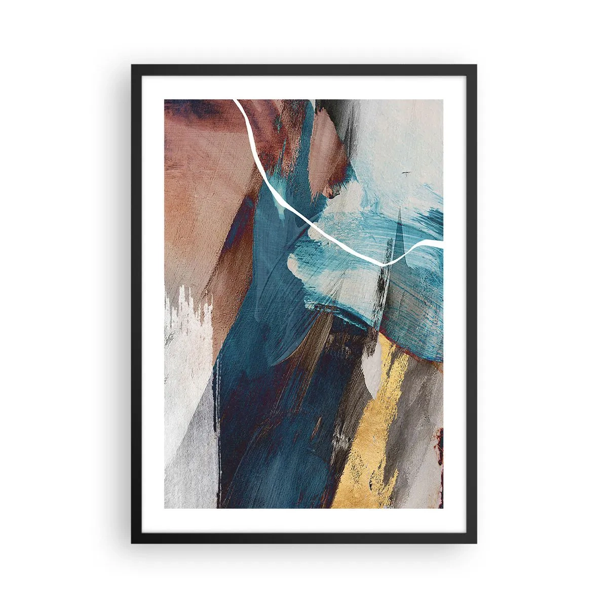 Plagát v čiernom ráme - Expresívna abstrakcia v odtieňoch modrej a zlatej - 50x70cm - Na plno a s energiou - Moderná nástenná dekorácia do obývacej izby a spálne ARTTOR