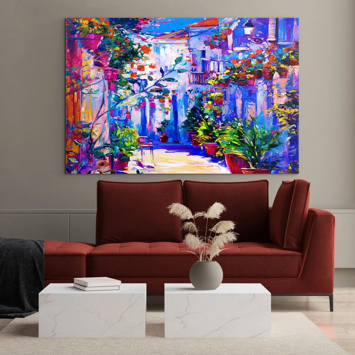 Obraz na skle - Farebná ulica s kvitnúcimi rastlinami a svetlom - 70x50cm - Impresia - talianska ulička - Moderná nástenná dekorácia do obývacej izby a spálne ARTTOR