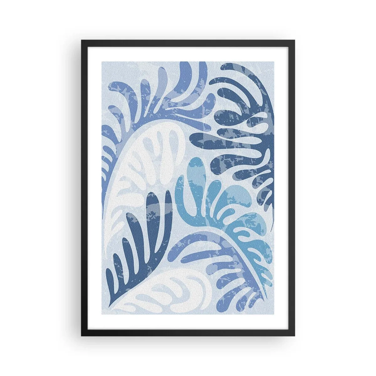 Plagát v čiernom ráme - Abstraktná kompozícia listov v odtieňoch modrej - 50x70cm - Modré papradie - Moderná nástenná dekorácia do obývacej izby a spálne ARTTOR