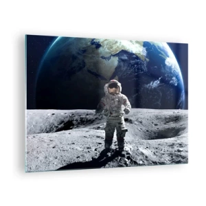 Obraz na skle - Astronaut na povrchu Mesiaca so Zemou v pozadí - 70x50cm - Pozdravy z Mesiaca - Moderná nástenná dekorácia do obývacej izby a spálne ARTTOR