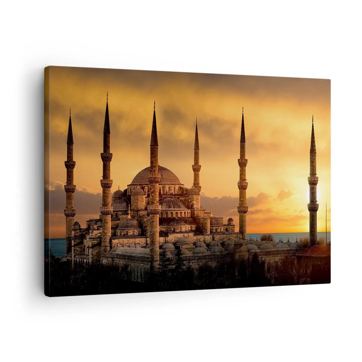 Obraz na plátne - Mešita pri západe slnka v teplých farbách - 70x50cm - Boh je veľký - Moderná nástenná dekorácia do obývacej izby a spálne ARTTOR