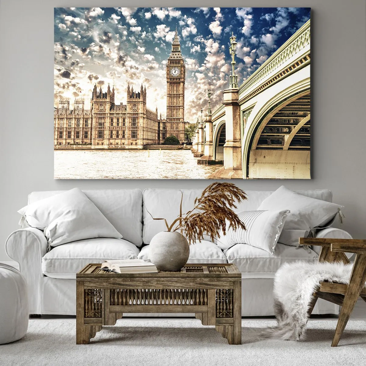 Obraz na plátne - Big Ben a Westminsterský most osvetlené slnkom v Londýne - 70x50cm - Perové oblaky nad Temžou - Moderná nástenná dekorácia do obývacej izby a spálne ARTTOR