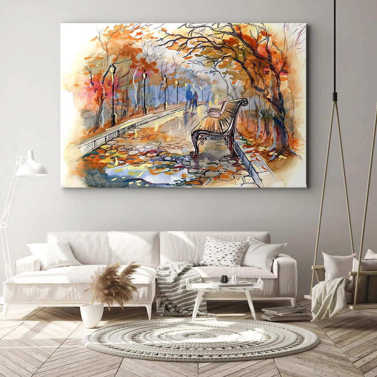 Obraz na plátne - Jesenný park s lavičkou v akvareloch - 70x50cm - Spoločne putovať jeseňou - Moderná nástenná dekorácia do obývacej izby a spálne ARTTOR