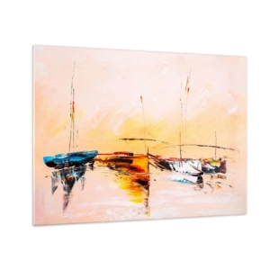 Obraz na skle - Farebné lode kotviace na pozadí impresionistického západu slnka - 70x50cm - Večer v prístave - Moderná nástenná dekorácia do obývacej izby a spálne ARTTOR