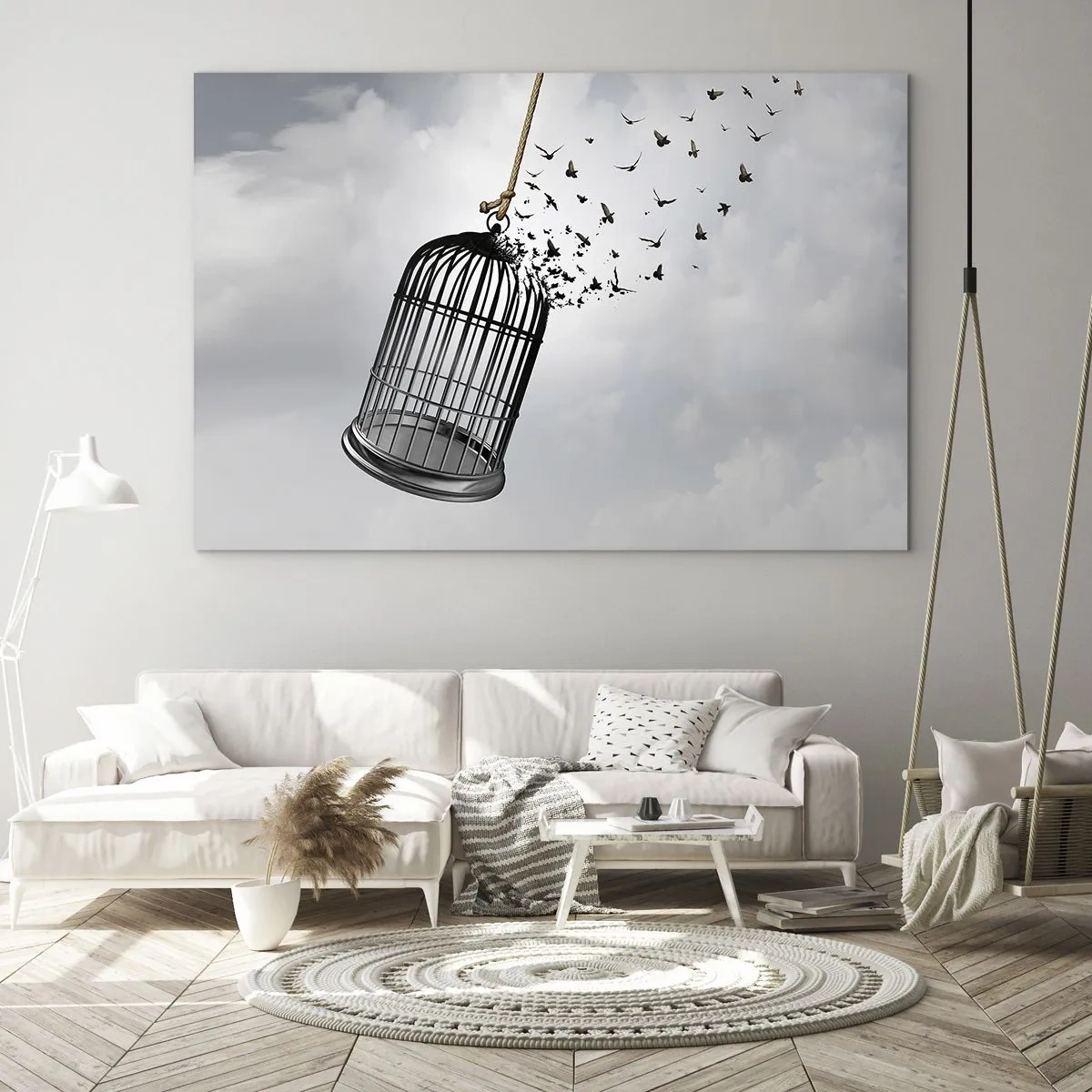 Obraz na skle - Otvorenie klietky a vtáky vylietajúce z nej proti oblohe - 70x50cm - Viera… nádej… sloboda! - Moderná nástenná dekorácia do obývacej izby a spálne ARTTOR