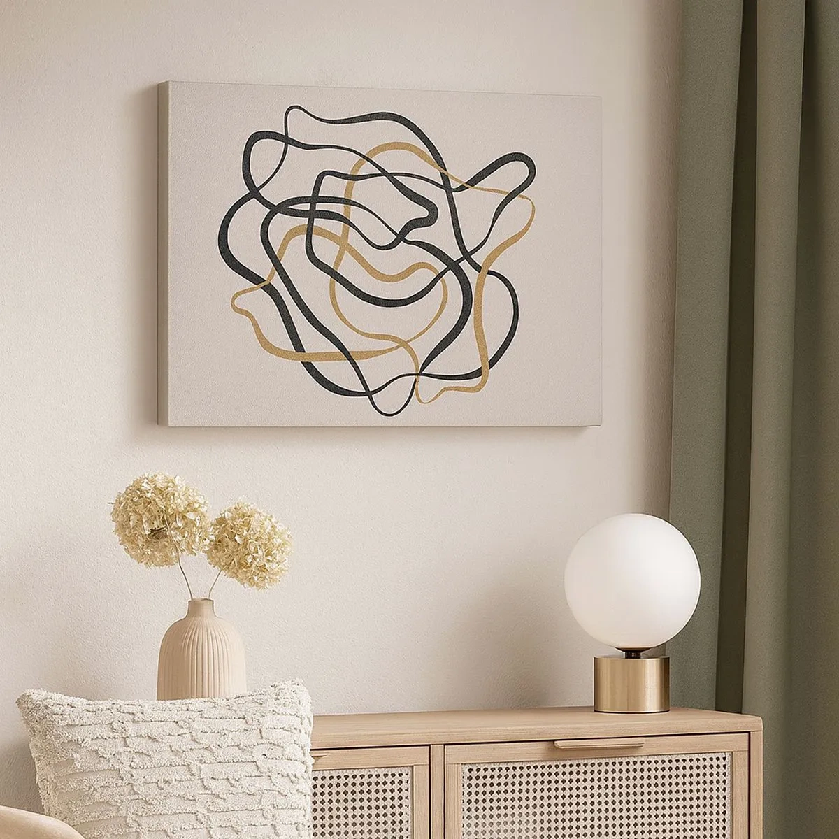 Obraz na plátne - Zamotané čiary v čiernej a zlatej farbe na svetlom pozadí - 70x50cm - Všetko sa pokrútilo - Moderná nástenná dekorácia do obývacej izby a spálne ARTTOR