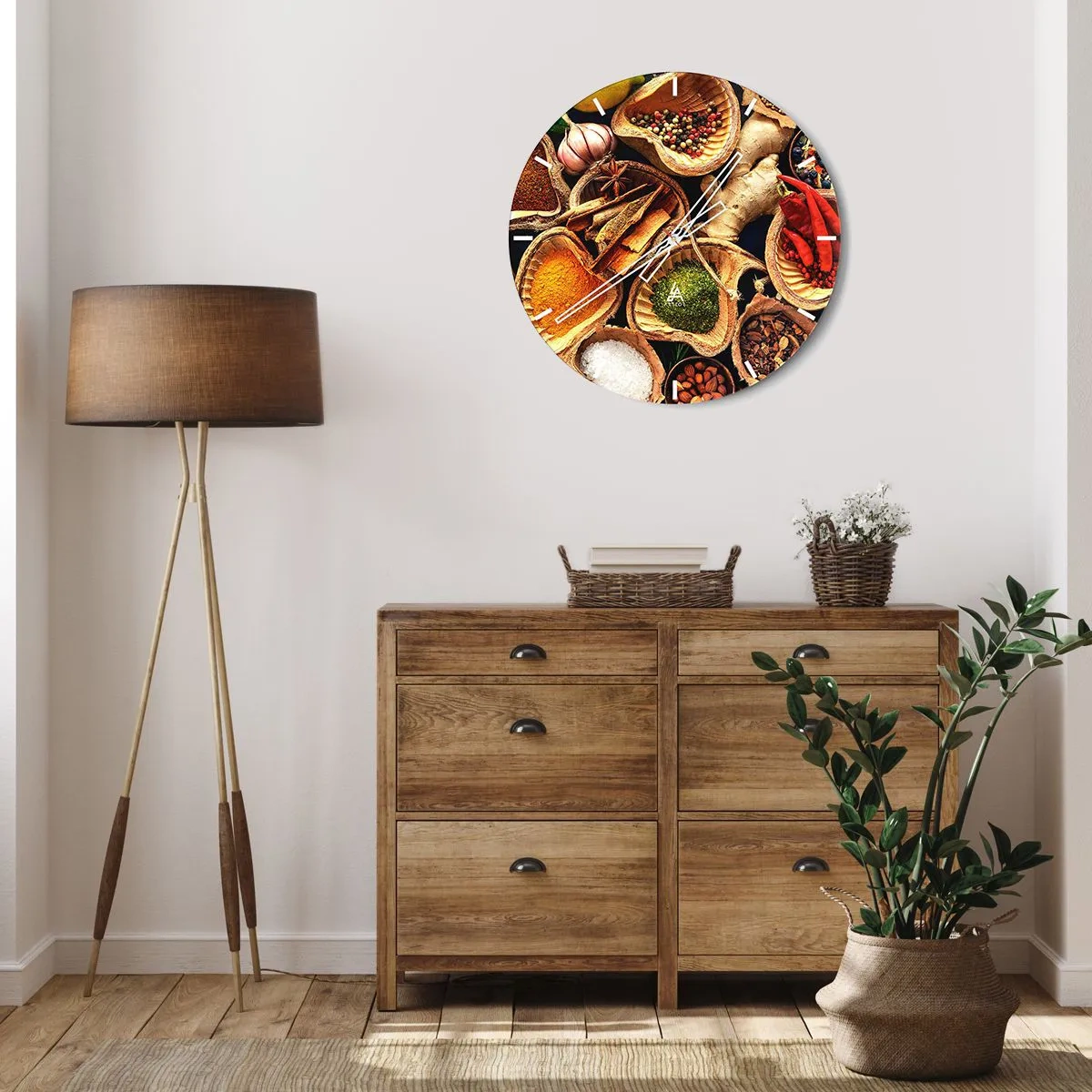 Nástenné hodiny - Zloženie korenín v drevených miskách - 30x30cm - Vezmi si, čo chceš - Moderná nástenná dekorácia do obývacej izby, kuchyne a spálne ARTTOR