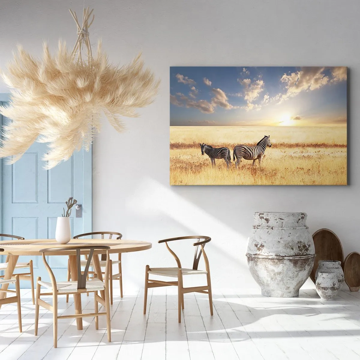 Obraz na plátne - Dve zebry na savane v lúčoch zapadajúceho slnka - 70x50cm - Choď odtiaľto, neruš pokoj - Moderná nástenná dekorácia do obývacej izby a spálne ARTTOR