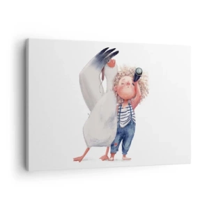 Obraz na plátne - Ilustrácia dieťaťa s pelikánom a ďalekohľadom v ruke - 70x50cm - Plán na skvelú cestu - Moderná nástenná dekorácia do obývacej izby a spálne ARTTOR