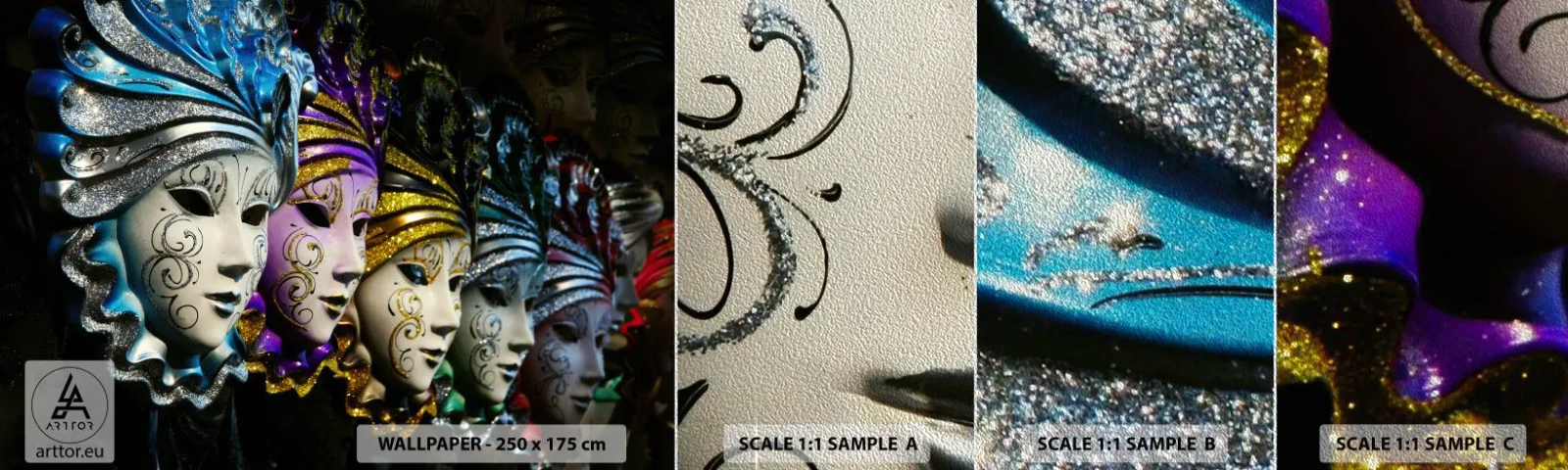 Vzorka fototapety Premium Sand - Tajomstvo v zlatej a v striebornej - Benátska maska, Benátky, Karneval - 100x30 cm