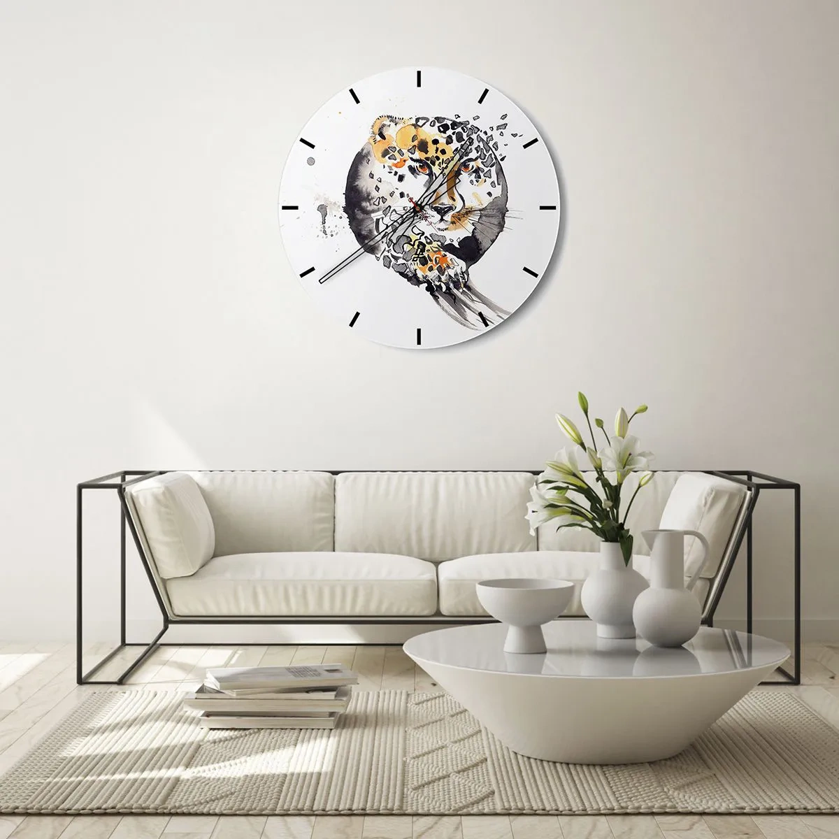 Nástenné hodiny - Leopard v umeleckej podobe s dynamickými časticami okolo siluety - 30x30cm - Dravá krása - Moderná nástenná dekorácia do obývacej izby, kuchyne a spálne ARTTOR