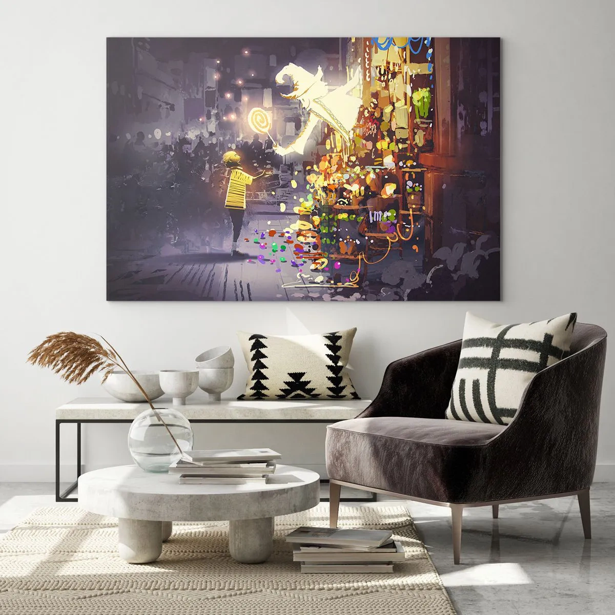 Obraz na skle - Dieťa v ľahkom tričku pri jasnom stánku plnom farebných sladkostí - 70x50cm - Kúzla existujú - Moderná nástenná dekorácia do obývacej izby a spálne ARTTOR