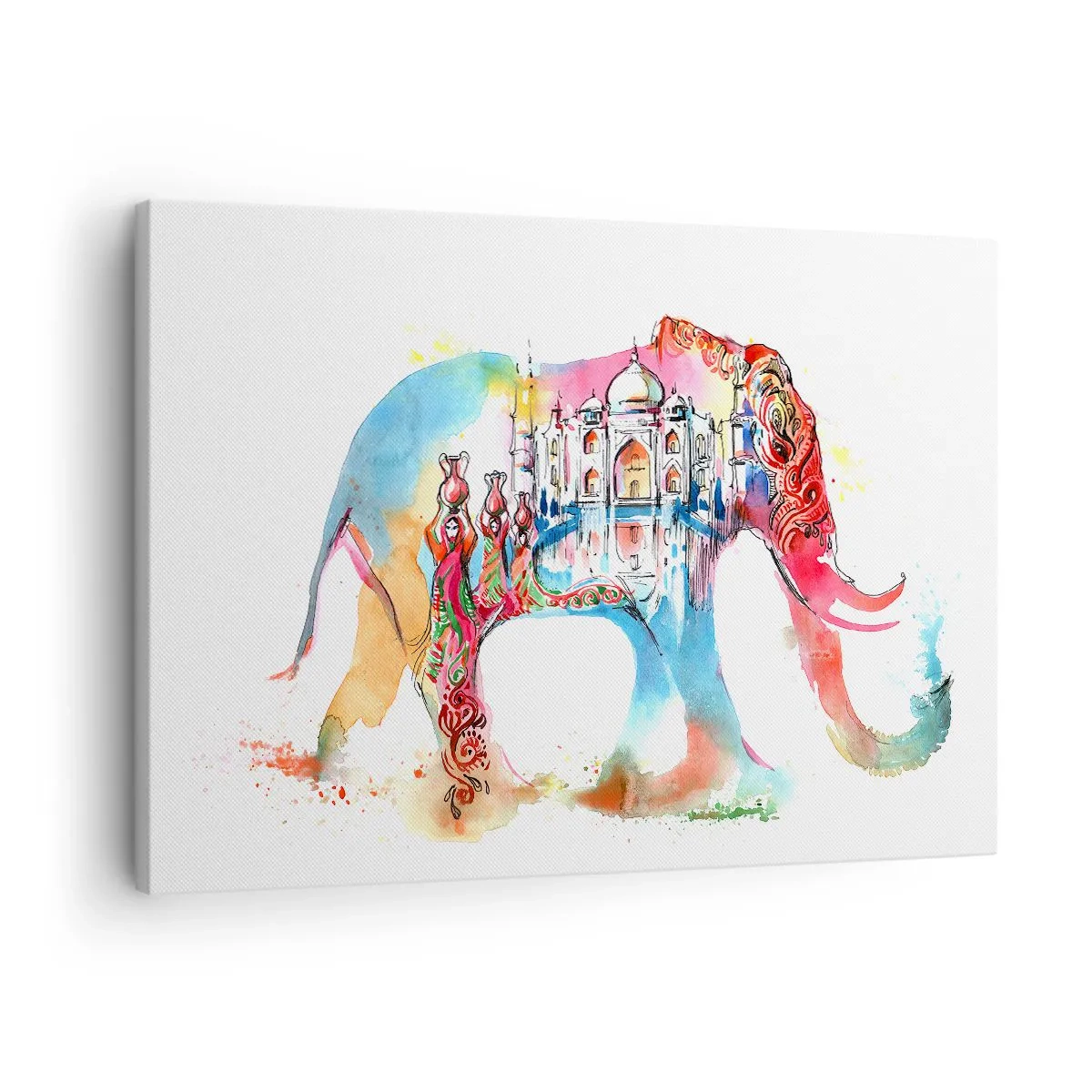 Obraz na plátne - Farebná akvarelová maľba slona s motívom Tádž Mahalu - 70x50cm - India - aura lásky - Moderná nástenná dekorácia do obývacej izby a spálne ARTTOR