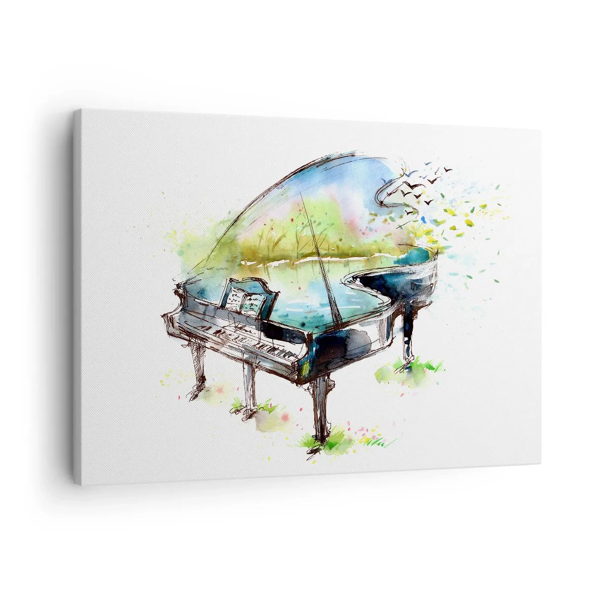 Obraz na plátne - Umelecká akvarelová maľba klavíra s prírodou v pozadí - 70x50cm - Zakliate v hudbe - Moderná nástenná dekorácia do obývacej izby a spálne ARTTOR