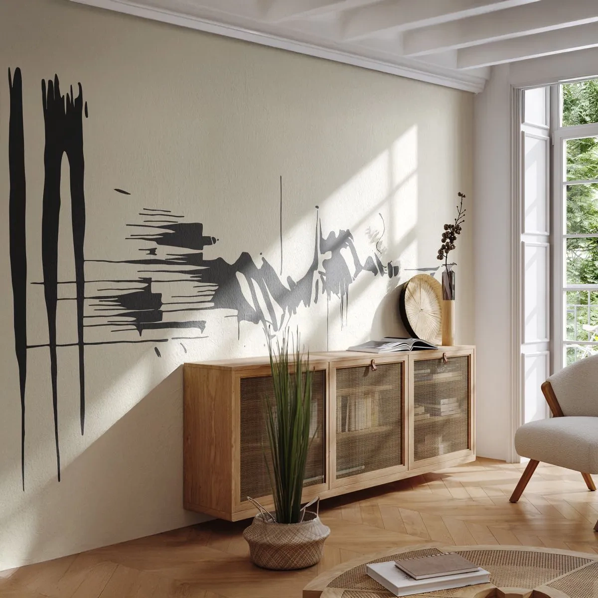 Fototapeta Standard Eco - Dynamická čierna abstrakcia na béžovom pozadí - 100x70cm - Rýchla abstrakcia - Moderná nástenná dekorácia do obývacej izby a spálne ARTTOR