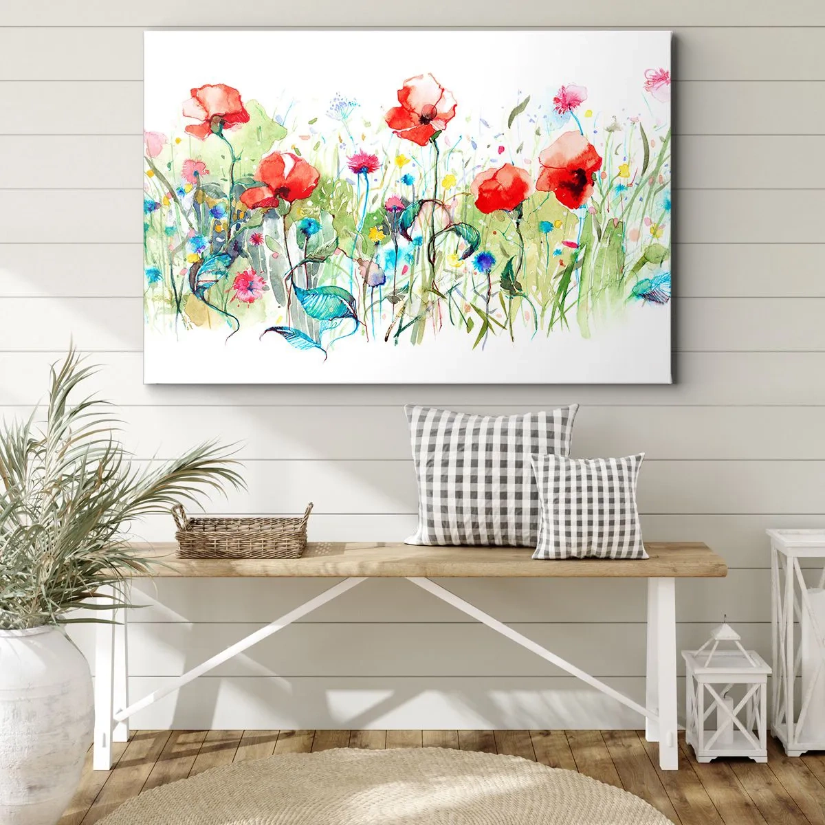 Obraz na plátne - Lúka s červenými makmi a farebnými kvetmi v akvareloch - 70x50cm - Kvitnúca lúka v máji - Moderná nástenná dekorácia do obývacej izby a spálne ARTTOR