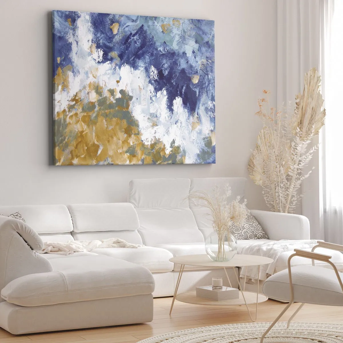 Obraz na plátne - Abstrakcia v odtieňoch modrej, bielej a zlatej - 70x50cm - Tanec živlov - Moderná nástenná dekorácia do obývacej izby a spálne ARTTOR