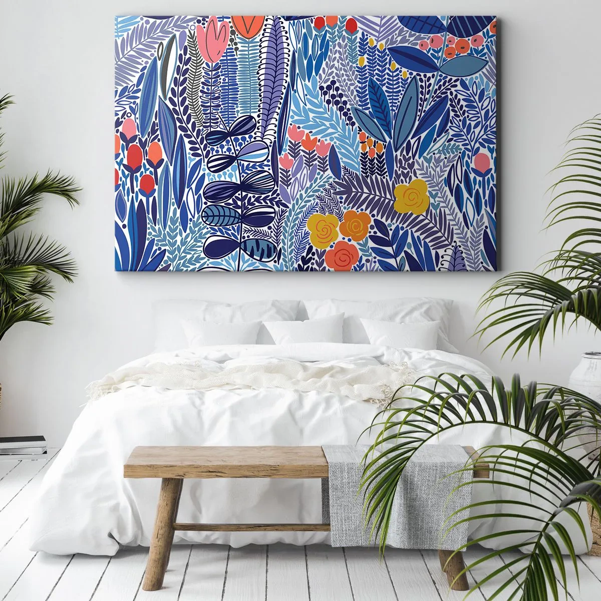 Obraz na plátne - Farebný rastlinný motív v modernom grafickom štýle - 70x50cm - Havajská záhrada - Moderná nástenná dekorácia do obývacej izby a spálne ARTTOR