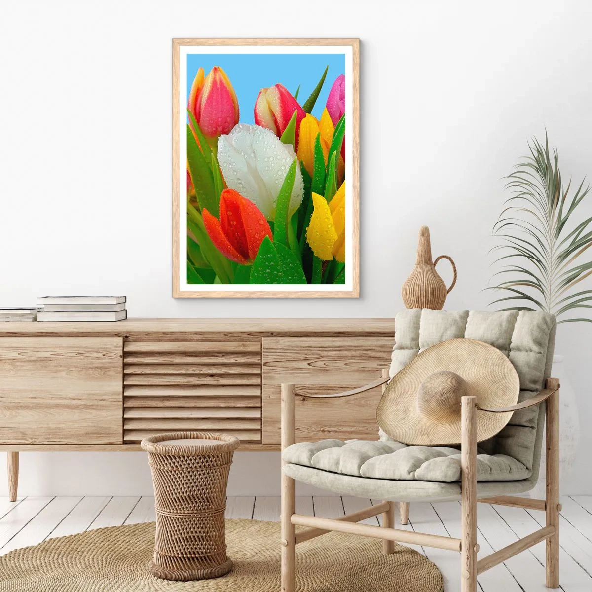 Plagát v ráme zo svetlého duba - Kvetinová dúha v kvapkách rosy - 50x70 cm