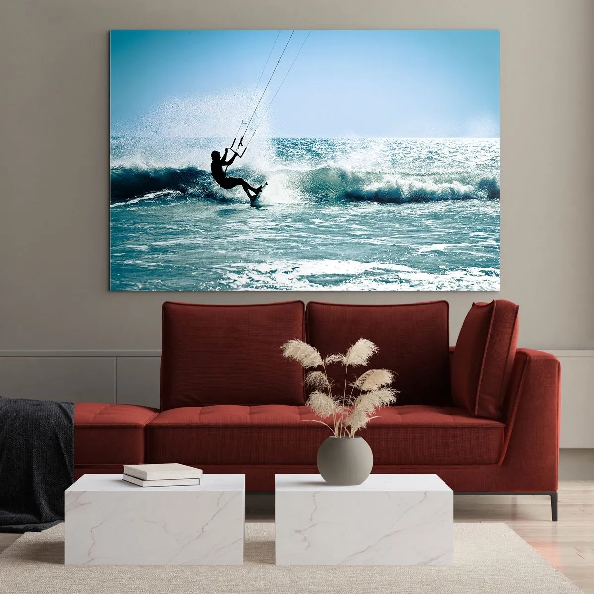 Obraz na skle - Kitesurfer na oceánskych vlnách za slnečného dňa - 70x50cm - Nechajte sa uniesť - Moderná nástenná dekorácia do obývacej izby a spálne ARTTOR