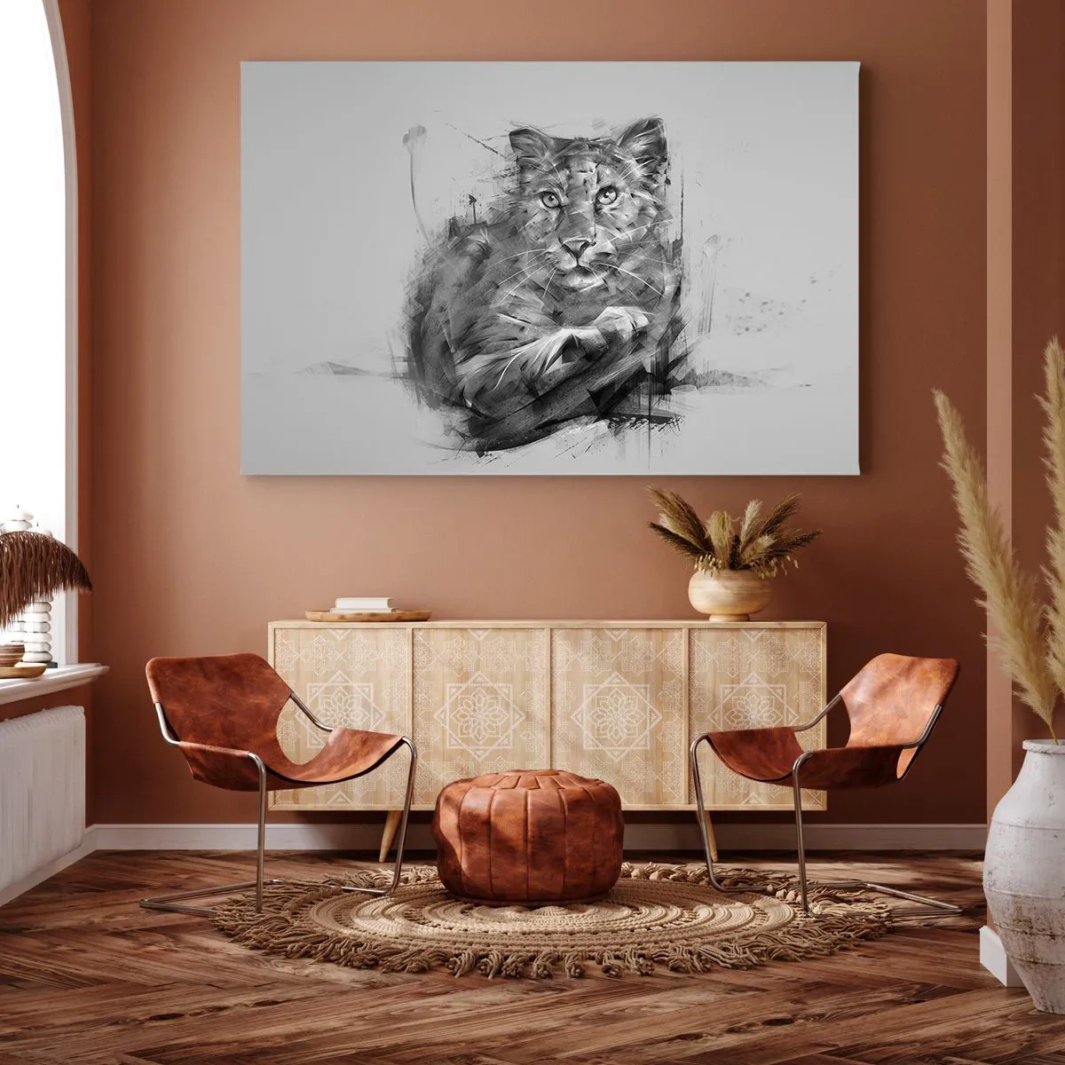 Obraz na plátne - Čiernobiely portrét leva v umeleckom štýle s dynamickými ťahmi. - 70x50cm - Áno, pozorne počúvam - Moderná nástenná dekorácia do obývacej izby a spálne ARTTOR