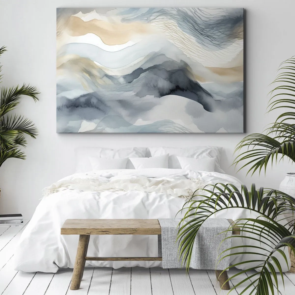 Obraz na plátne - Jemná abstrakcia s horským motívom v pastelových odtieňoch. - 70x50cm - Abstrakcia snehu a hmly - Moderná nástenná dekorácia do obývacej izby a spálne ARTTOR