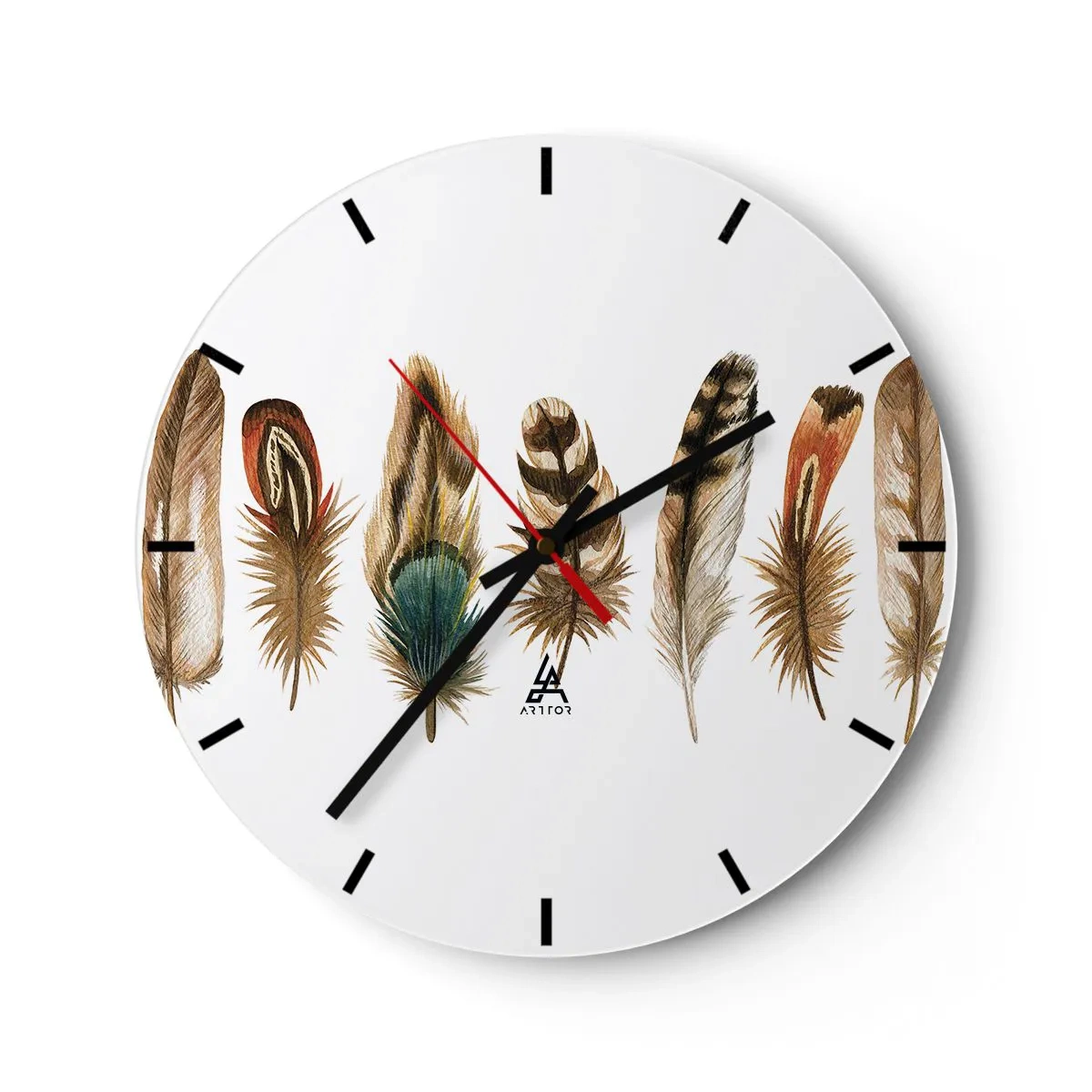 Nástenné hodiny - Farebné perie v umeleckom aranžmáne - 30x30cm - Operená variácia - Moderná nástenná dekorácia do obývacej izby, kuchyne a spálne ARTTOR