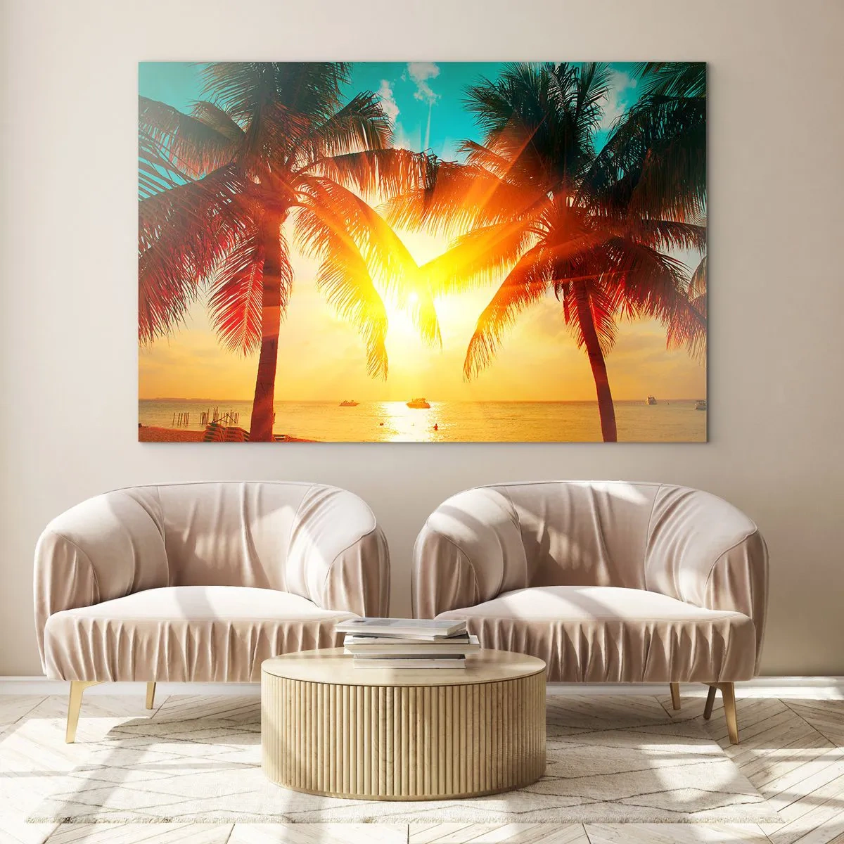 Obraz na skle - Slnkom zaliate palmy nad tropickou plážou - 70x50cm - Exotický pár - Moderná nástenná dekorácia do obývacej izby a spálne ARTTOR