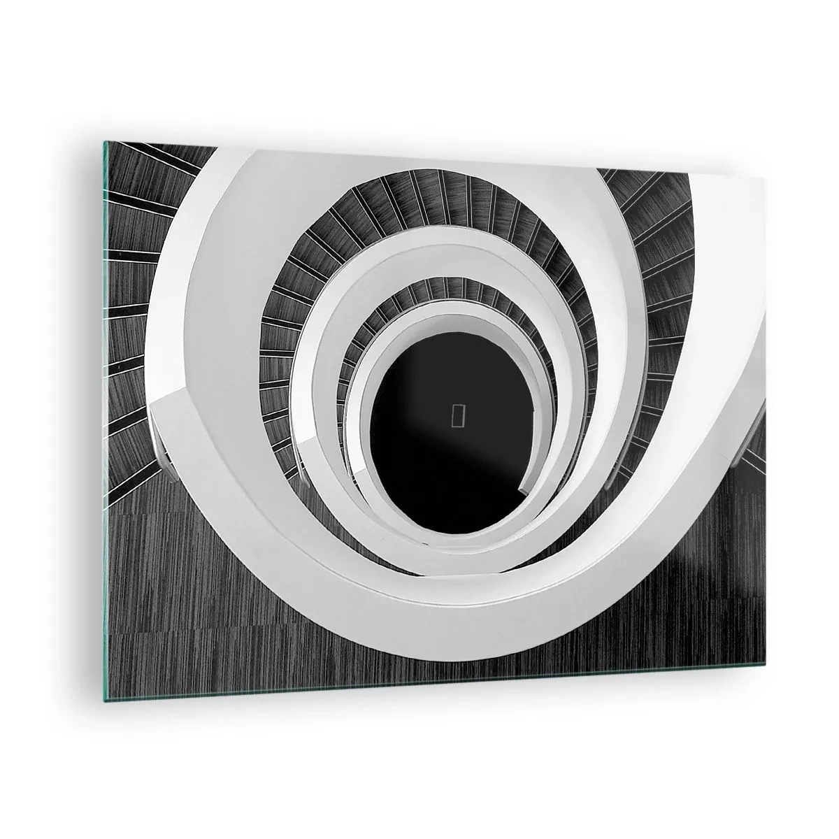 Obraz na skle - Čiernobiele točité schodisko zhora - 70x50cm - K podstate vecí - Moderná nástenná dekorácia do obývacej izby a spálne ARTTOR