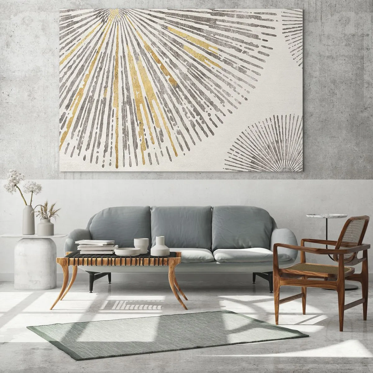 Obraz na skle - Radiálne čiary v odtieňoch zlatej a sivej na svetlom pozadí - 70x50cm - Krása lúča - Moderná nástenná dekorácia do obývacej izby a spálne ARTTOR