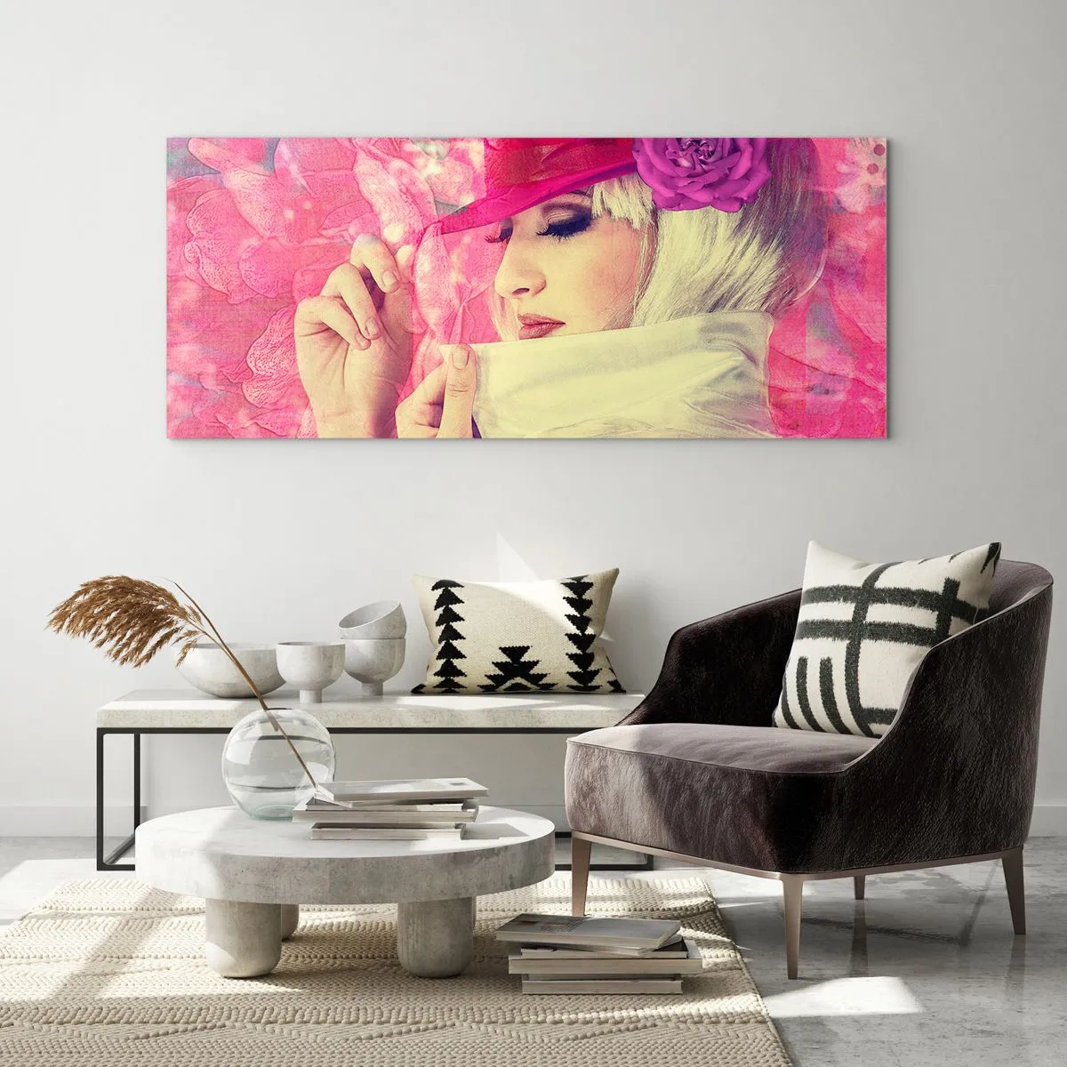 Obraz na skle - Retro portrét v ružovej hmle - 160x50 cm